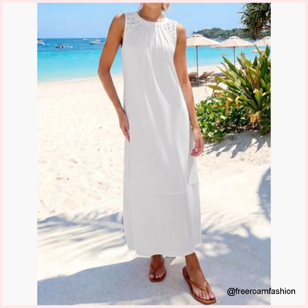 Summer Boho Maxi Dress Sleeveless Pleated Lace Hollow Out Beach Vacation - Picture 5 of 7